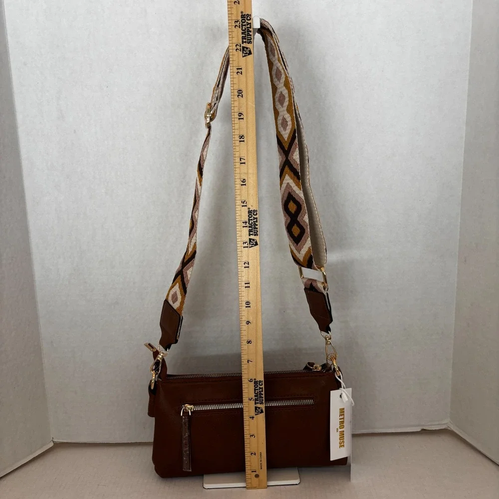 Metro Muse Crossbody Bag‎ Women  Brown Vegan Leather Geometric Guitar Strap NWT